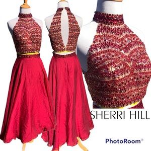 SHERRI HILL Stunning Bejeweled Rhinestone Two-Piece Formal Halter Dress Size 4